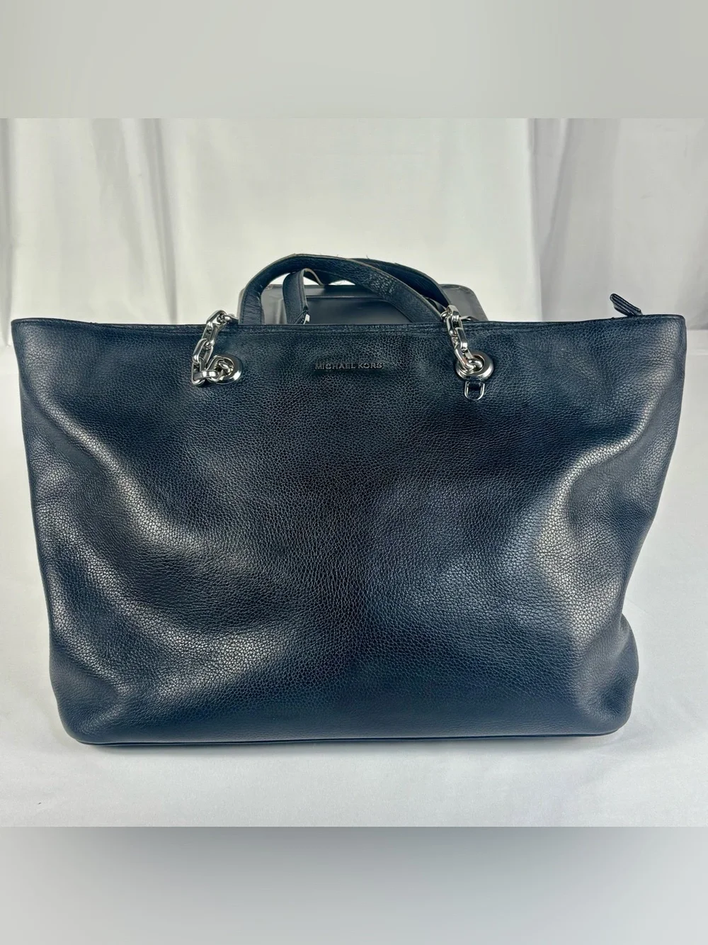 Michael Kors Large Pebbled Leather Chain Tote Bag Navy Silver Hardware